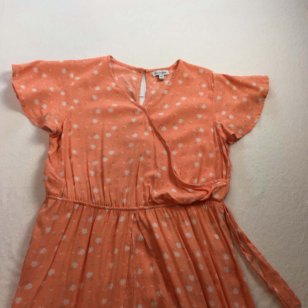 Love Fire Peach Orange Floral Print Wrap-Style Midi Romper Dress Large - Picture 4 of 11